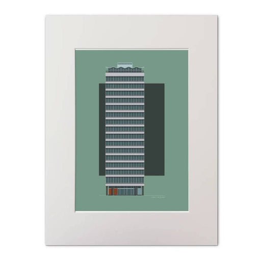 Framed artwork of a tall building on a green background