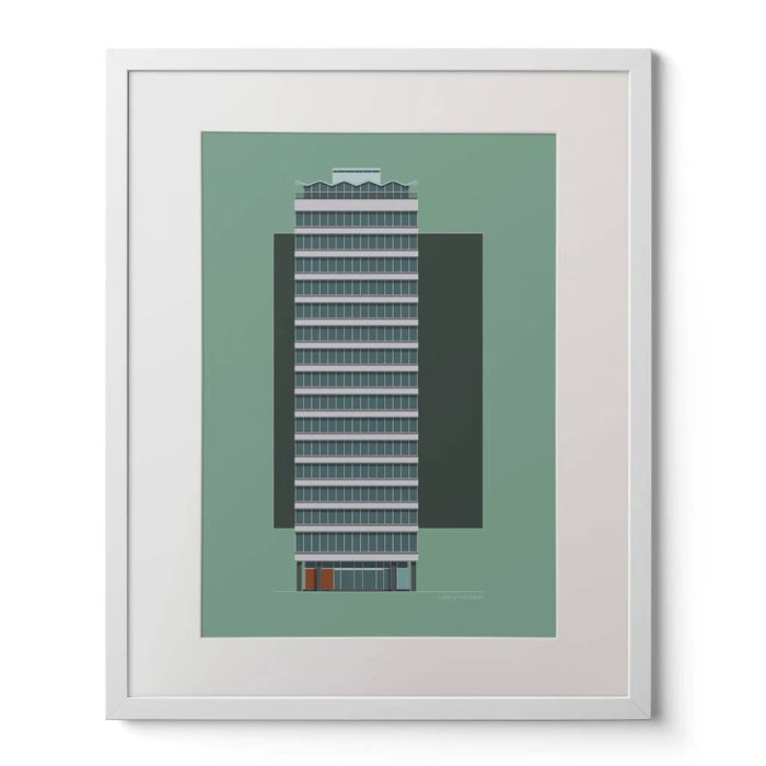 Framed illustration of a tall building on a green background