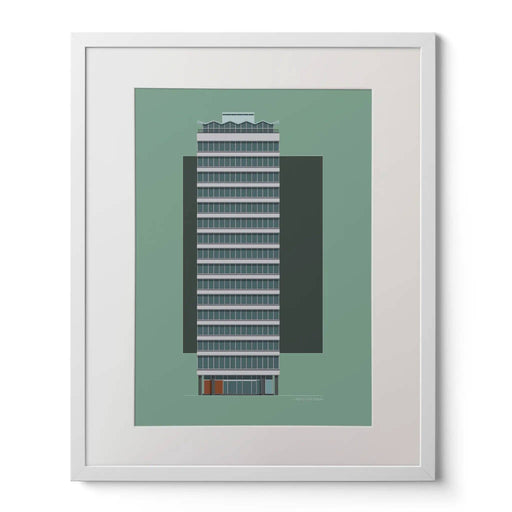 Framed illustration of a tall building on a green background