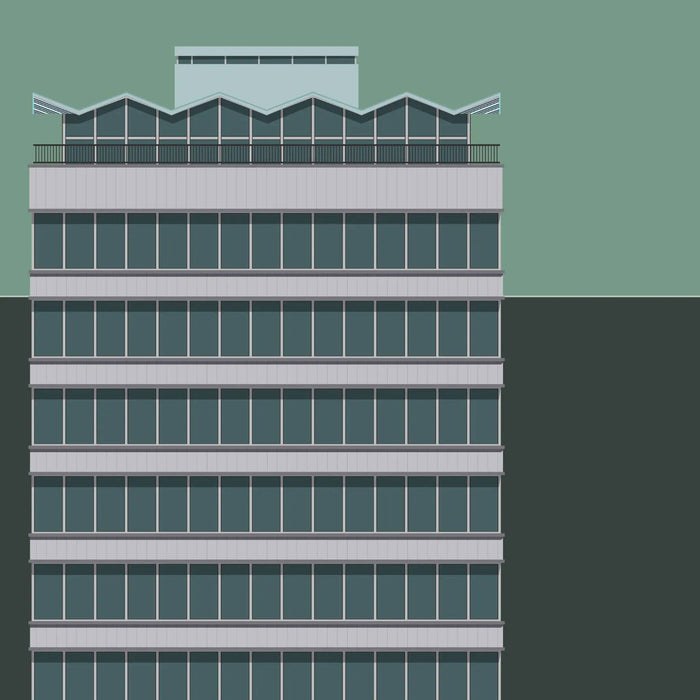 Illustration of a multi-story building with a green background