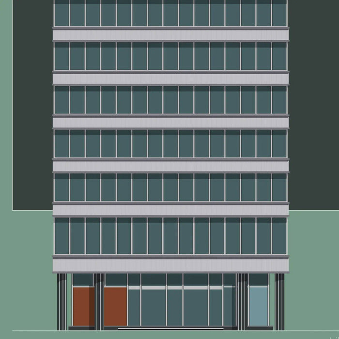 Illustration of a tall building with multiple windows on a transparent background