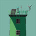 Green lighthouse with solar panels, wind turbine, and water pump on a teal background