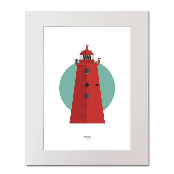 Framed artwork of a red lighthouse with a green circle on a white background