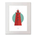 Framed artwork of a red lighthouse with a green circle on a white background