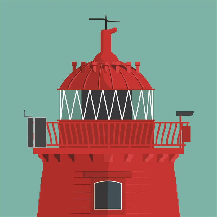 Red lighthouse on a teal background