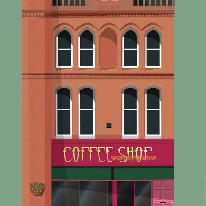 A stylized illustration of a brick building facade with arched windows and a storefront sign reading "COFFEE SHOP" in gold lettering on a magenta background.