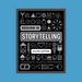 The book 'Design Is Storytelling' by Ellen Lupton against a light blue background. The cover is black with white line-art illustrations and text.