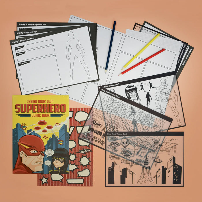 design your own superhero comic book kit open and on pink background