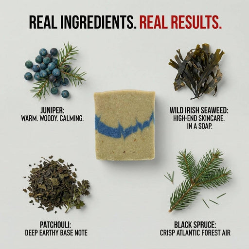 Bar of soap with natural ingredients like juniper, wild Irish seaweed, patchouli, and black spruce on a light background.