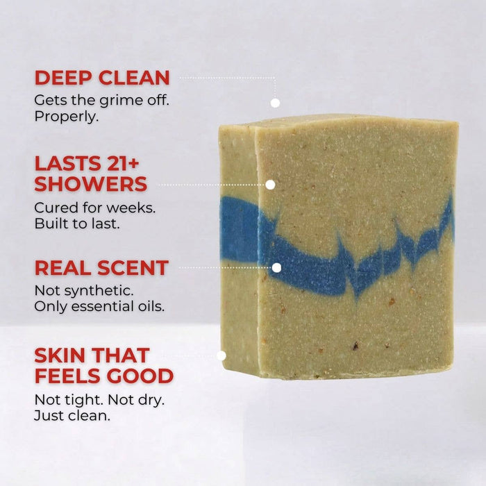 Bar of soap with text highlighting features on a white background