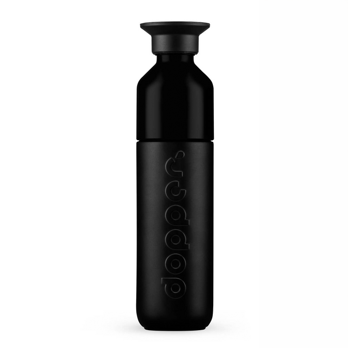 A matte black water bottle with a matching black screw-on cap, featuring the brand name 'doppers' embossed vertically on the front, set against a plain white background.