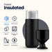 Dopper insulated bottle and cup set on a light cream background with feature icons and text. The bottle is matte black with a silver cap and embossed Dopper branding, and the black cup sits beside it.