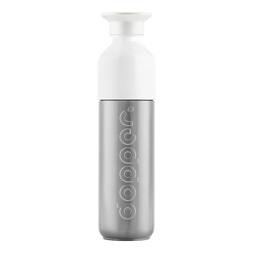 A sleek, modern water bottle with a metallic silver body and a white cap, featuring the brand name 'copco' printed vertically in white on the front.