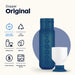 Blue Dopper water bottle with product details on a white background