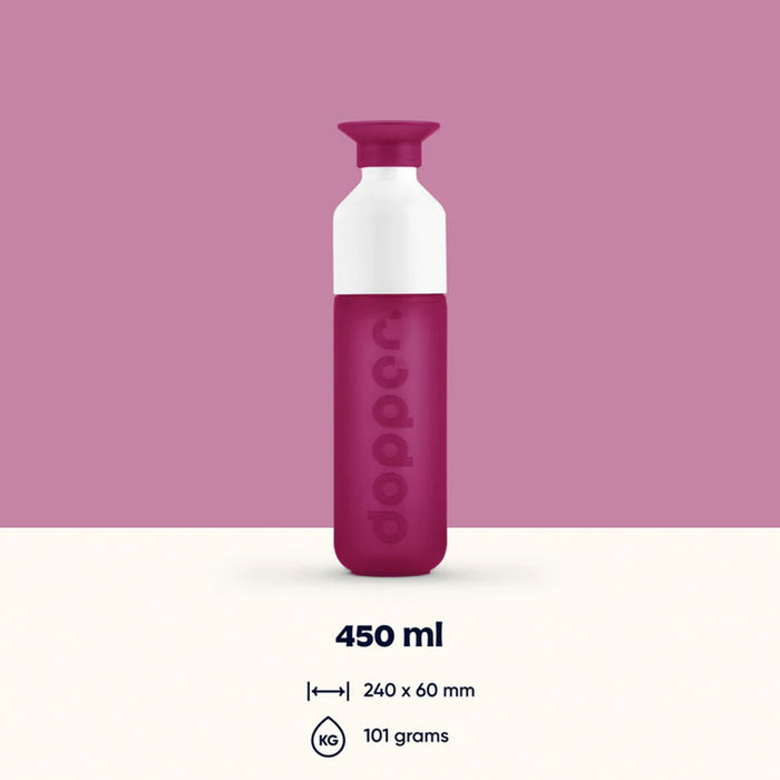 Fuchsia water bottle with white cap on a pink background