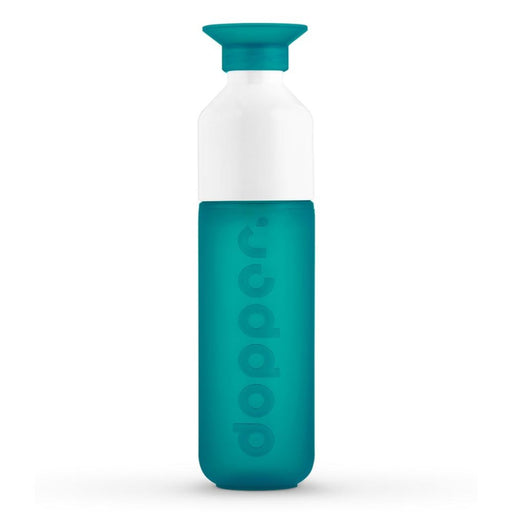 Teal and white water bottle with 'dopper' branding on a white background