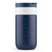 Navy blue tumbler with white lid on a white background