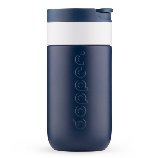 Navy blue tumbler with white lid on a white background