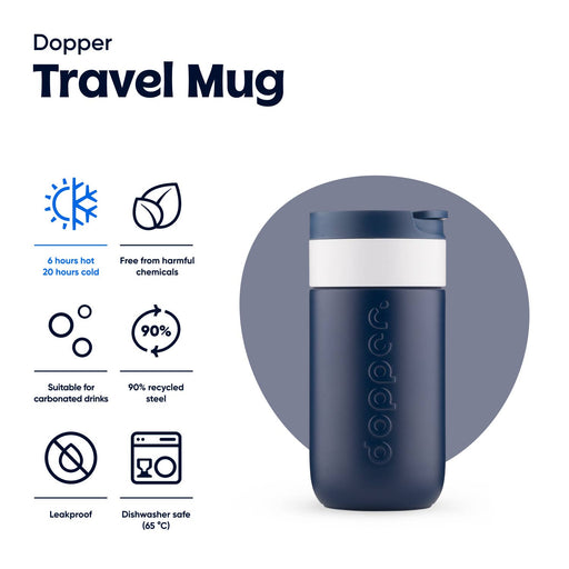 Dopper travel mug with features listed on a white background