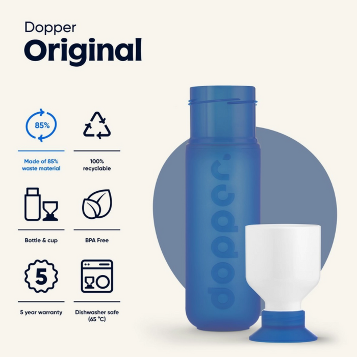 Blue Dopper Original water bottle with accessories on a white background