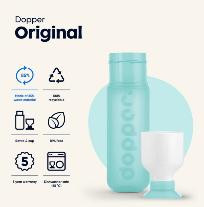 Teal Dopper water bottle with cup on a white background