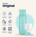 Teal Dopper water bottle with cup on a white background