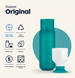 Teal Dopper water bottle with matching cup on a white background