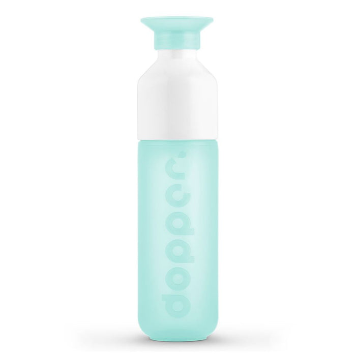 Turquoise water bottle with white cap on a white background