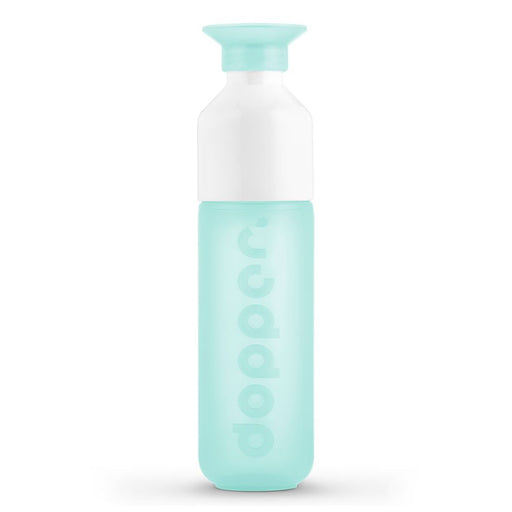 Turquoise water bottle with white cap on a white background