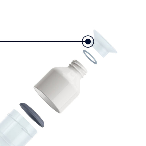 An exploded view diagram of a white plastic bottle with its cap and inner components separated on a white background, featuring a close-up callout line pointing to the cap.