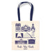 white tote bag with two blue handles and six blue buidings and one blue bridge on front with Blue text underneath