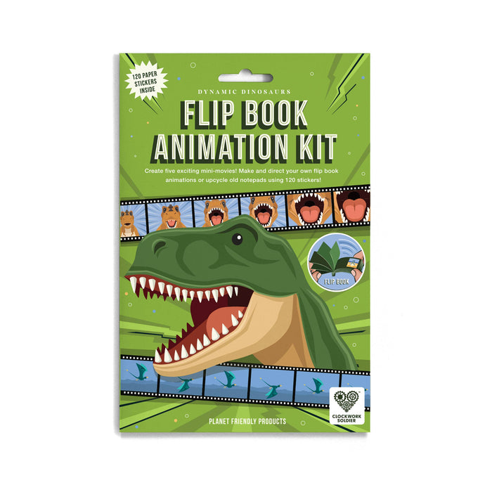 A flip book animation kit card for kids featuring a green cartoon T-rex dinosaur on a bright green background. The packaging includes text reading 'FLIP BOOK ANIMATION KIT' and 'DYNAMIC DINOSAURS,' plus sample animation panels showing faces and movement effects.
