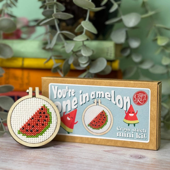 Cross-stitch mini kit with completed watermelon design and packaging on a wooden surface with plants in the background.