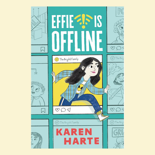 Book cover for 'Effie Is Offline' by Karen Harte, featuring a teal and light blue grid design with illustrated panels and a central cartoon girl in a plaid shirt.