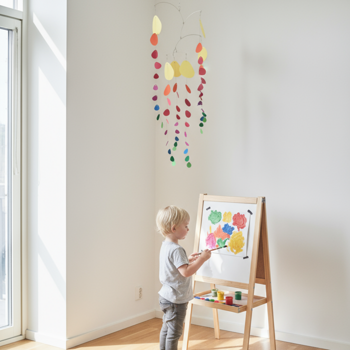 A young child stands at a small wooden easel painting on a colorful canvas in a bright, sunlit room with light wood floors and white walls. A multicolor hanging mobile hangs from the ceiling, and paint cups sit on the easel shelf.