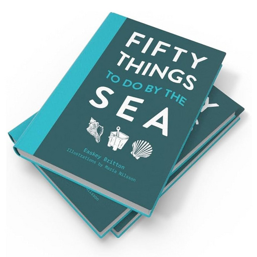Book titled 'Fifty Things to Do by the Sea' with a teal cover on a white background