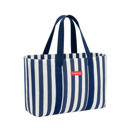 Navy and white striped tote bag with a red label on a white background