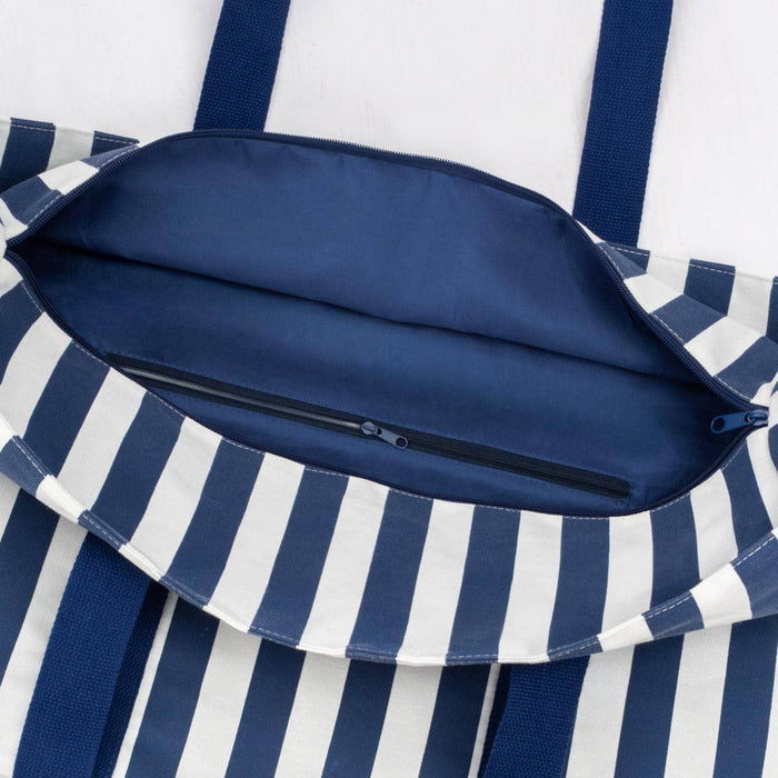 Blue and white striped bag with a visible zipper