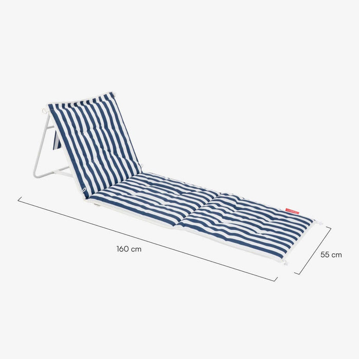 Blue and white striped beach chair with dimensions on a white background.