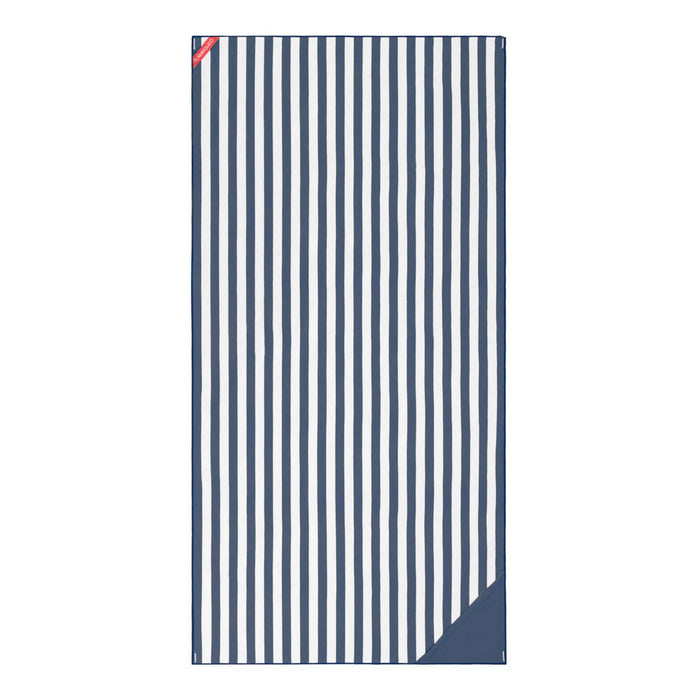 Navy and white striped towel on a white background