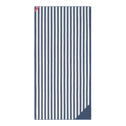 Navy and white striped towel on a white background