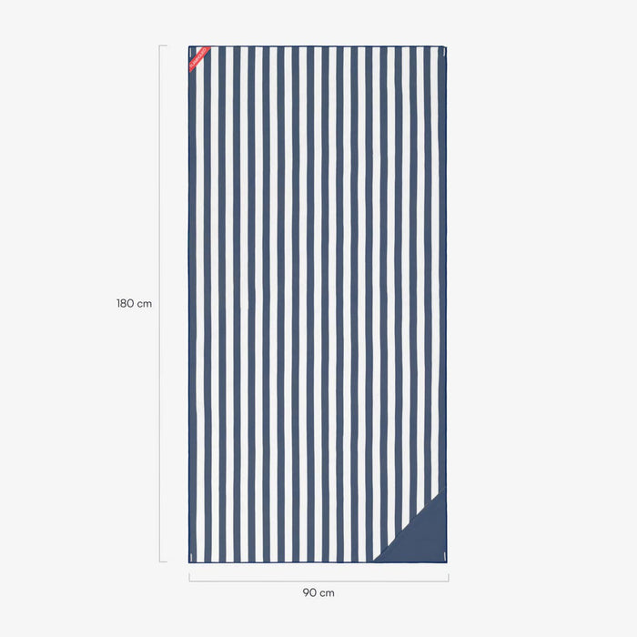 Navy and white striped towel with dimensions on a white background