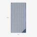 Navy and white striped towel with dimensions on a white background