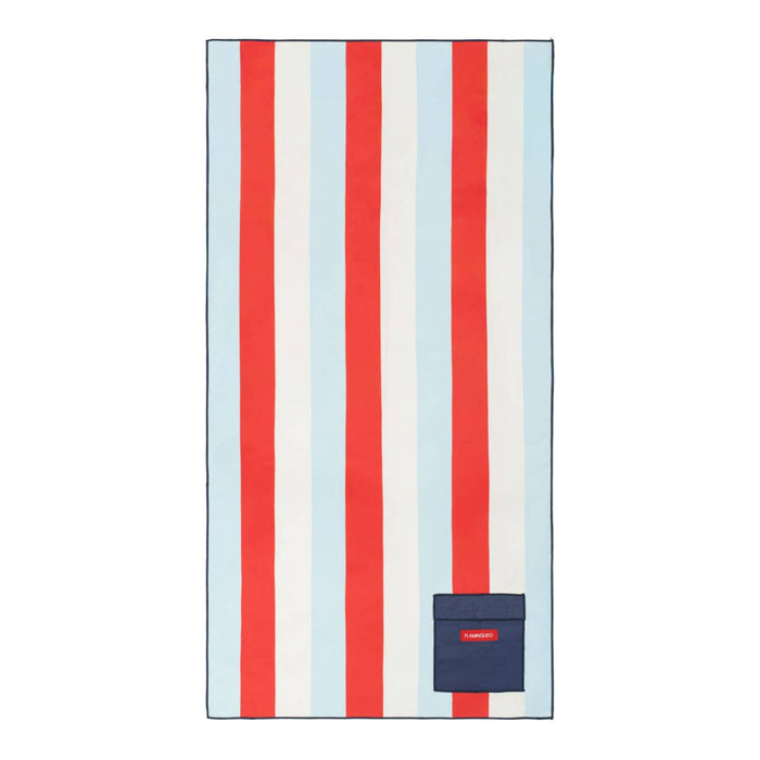 Striped towel with red, white, and blue pattern on a white background