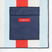 Navy pouch with 'FLAMINGUEO' logo on a colorful striped background