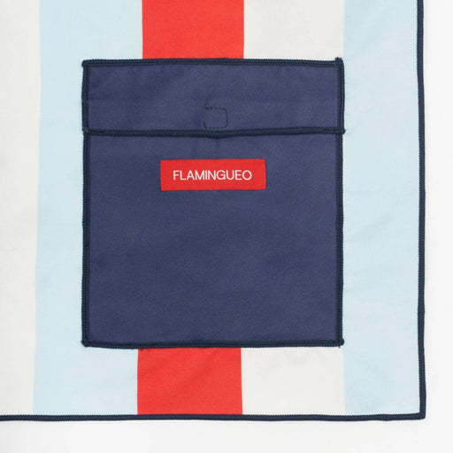 Navy pouch with 'FLAMINGUEO' logo on a colorful striped background