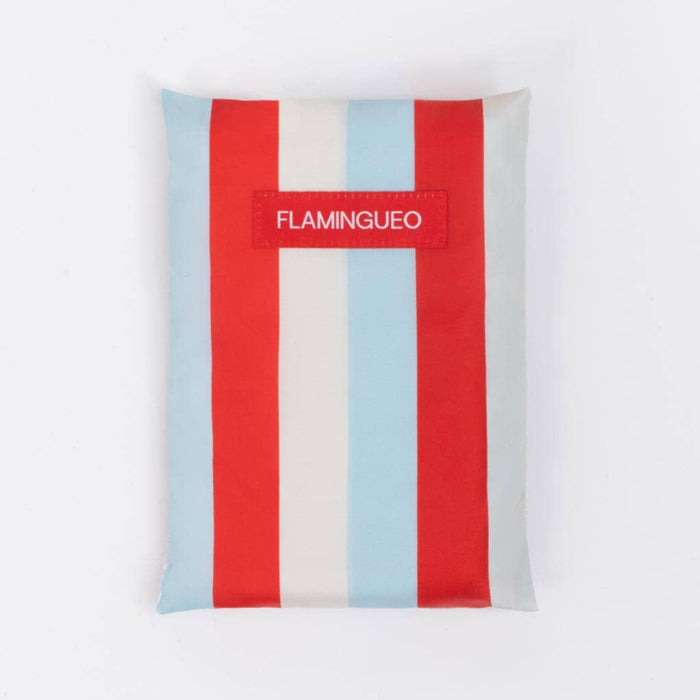 Striped pouch with red, white, and light blue colors and 'FLAMINGUEO' logo on a white background
