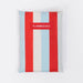 Striped pouch with red, white, and light blue colors and 'FLAMINGUEO' logo on a white background