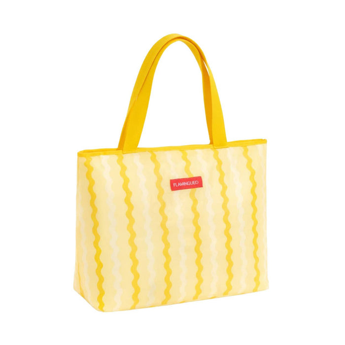 Yellow cooler bag with wavy pattern and red label on a white background