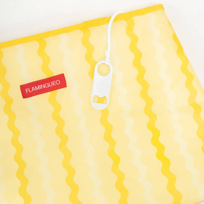 Yellow striped cooler bag with white bottle opener hanging from string and 'Flaminguero' label on a white background